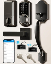 Veise cerradura frontal negro mate mostrando manija y teclado, seguridad moderna