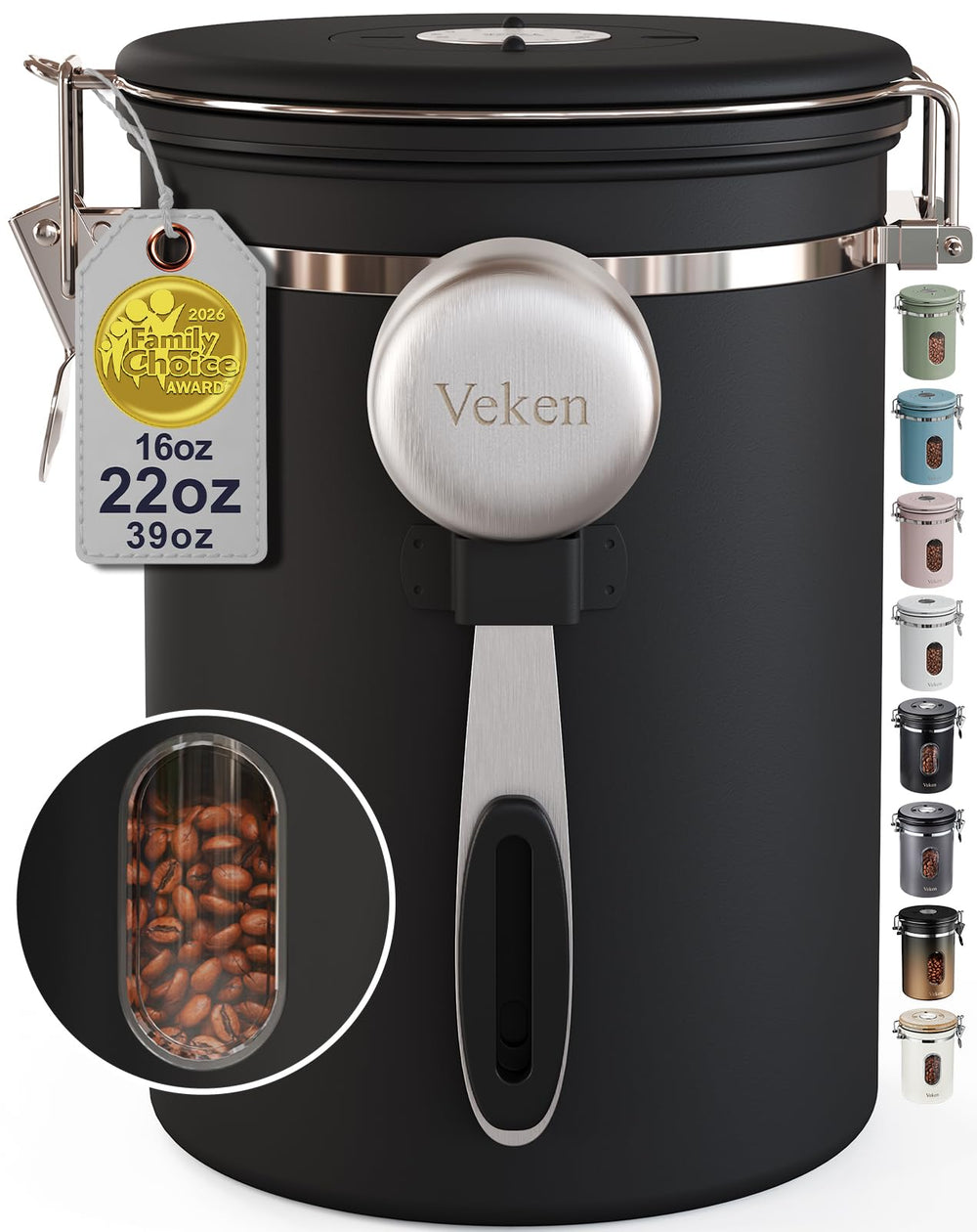 Veken front view canister showing sleek design and airtight benefit