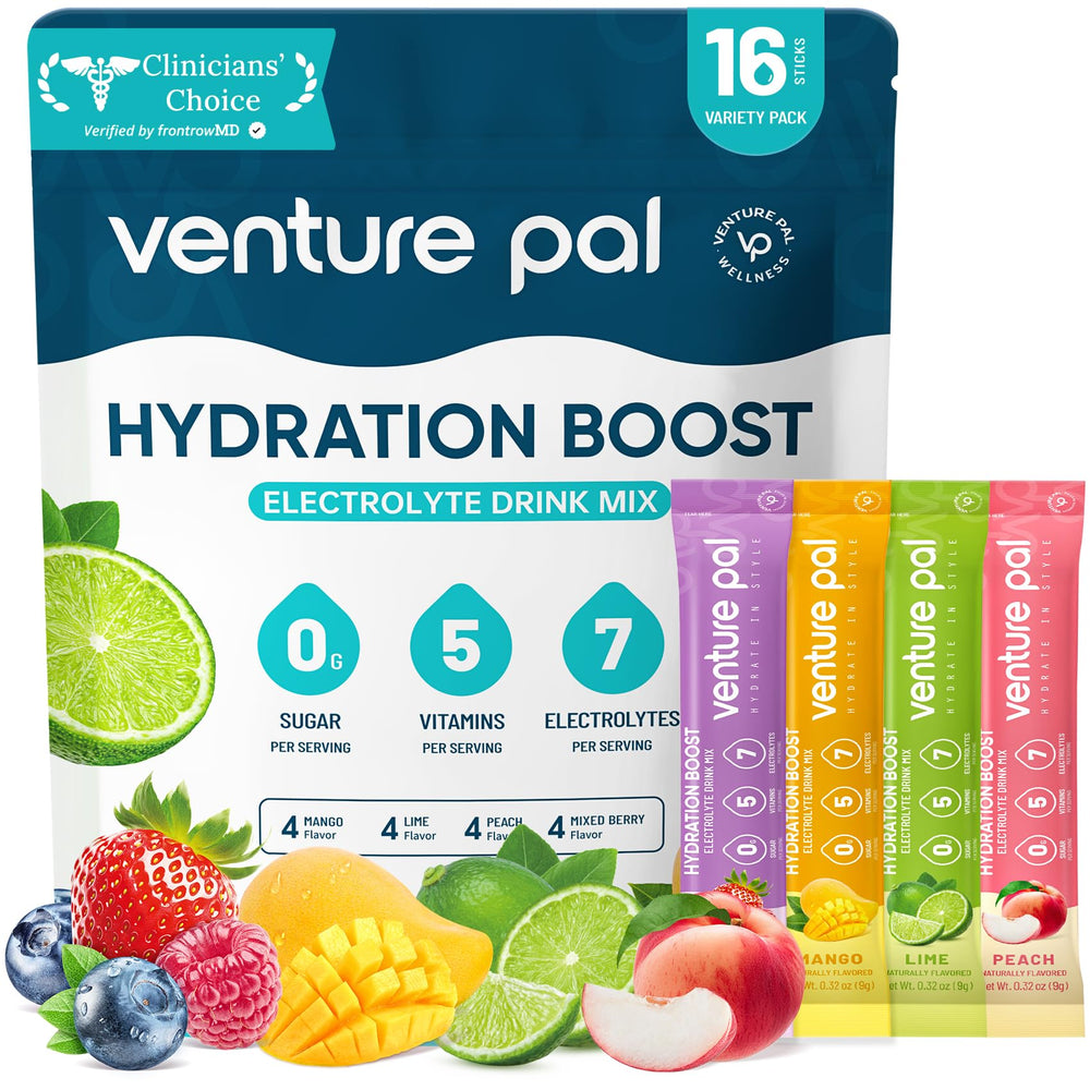 Venture Pal frente del empaque mostrando sobres individuales y beneficios