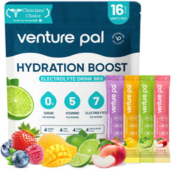 Venture Pal frente del empaque mostrando sobres individuales y beneficios