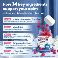 VEV etiqueta con lista de ingredientes resaltando magnesio glicinato y vitaminas