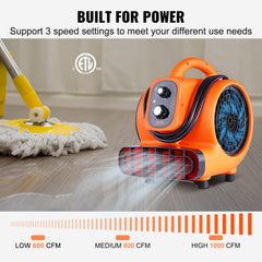 VEVOR Air Mover orientado a 90 grados soplando aire hacia arriba para ventilación