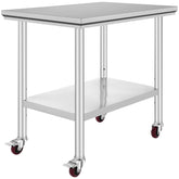 VEVOR mesa frontal de acero inoxidable mostrando espacio de trabajo y acabado duradero