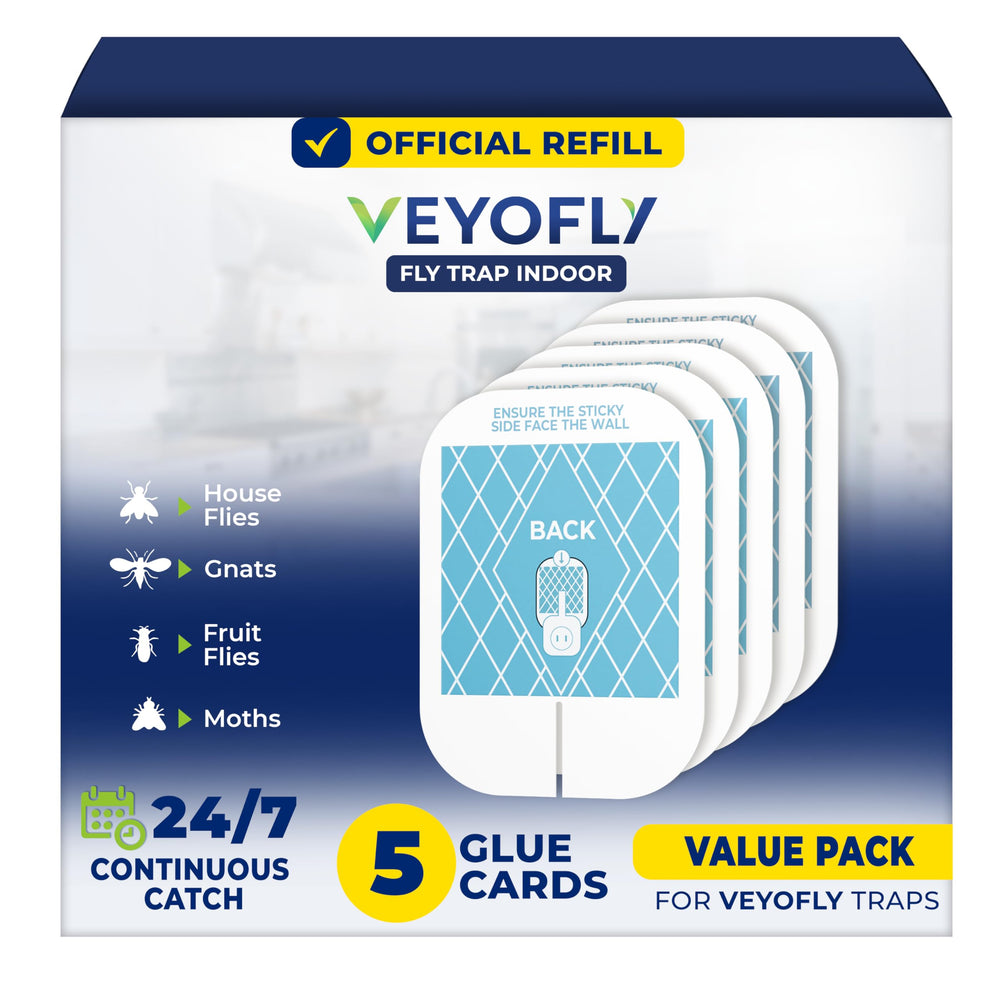 VEYOFLY envasado frontal mostrando pack de cinco recargas y beneficio de reposición fácil