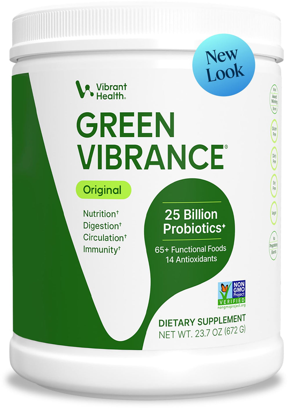 Vibrant Health Green Vibrance frontal con etiqueta clara y beneficios