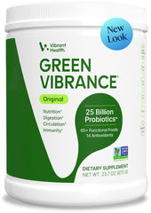 Vibrant Health Green Vibrance frontal con etiqueta clara y beneficios