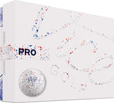 Vice Golf pelota Pro Drip frontal del paquete, diseño rojo y azul con mejora visual