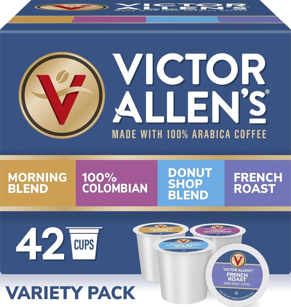 Victor Allen's Coffee front box showing 42-count variety pack and clear labeling benefit