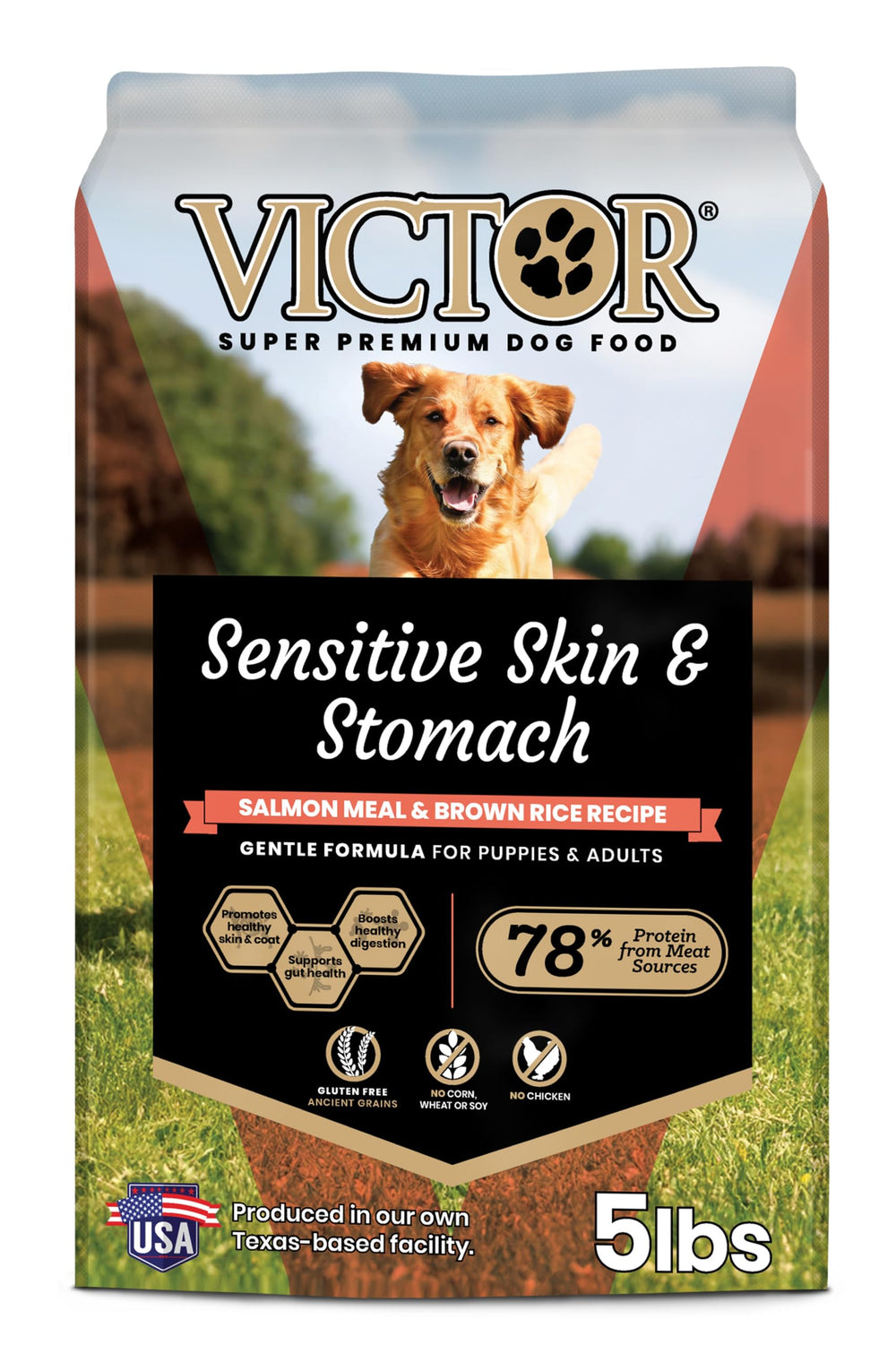 VICTOR empaque frontal 5 lb mostrando fórmula para piel sensible y beneficio digestivo