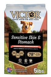 VICTOR empaque frontal 5 lb mostrando fórmula para piel sensible y beneficio digestivo