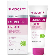 Vigority crema de estrógeno vista frontal con envase claro y descripción