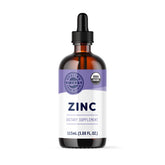 Vimergy botella frontal de Zinc líquido 115 mL mostrando envase orgánico y porciones