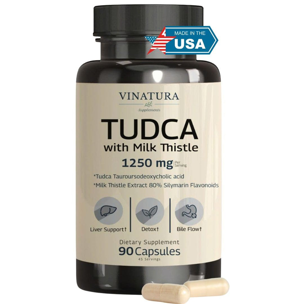 VINATURA envase frontal de TUDCA Milk Thistle mostrando etiqueta y ventaja de potencia