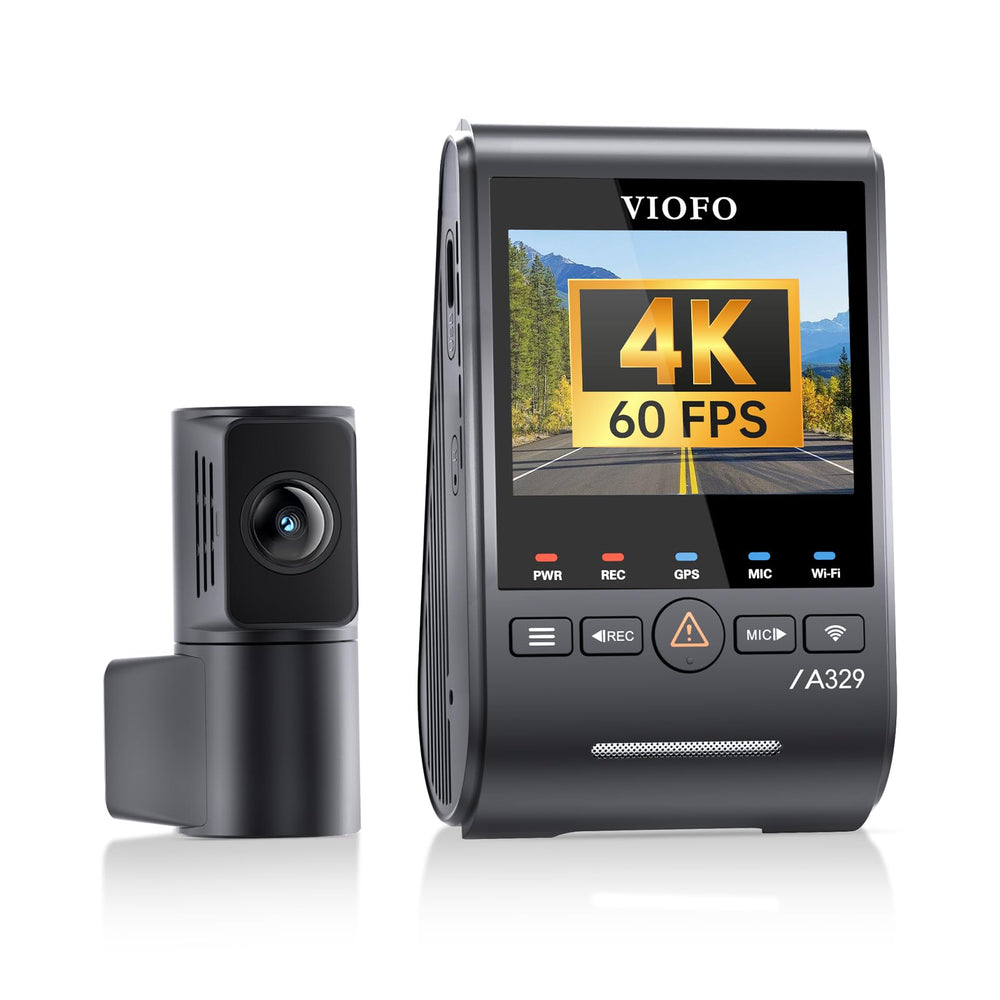 VIOFO A329S vista frontal mostrando resolución 4K y detalle de matrícula