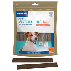 Virbac Veggiedent frontal del paquete mostrando 30 masticables y beneficios
