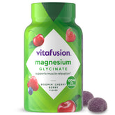 Vitafusion frasco delantero con etiqueta clara y beneficio de magnesio