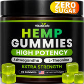 VitaGrade empaque frontal de Hemp Gummies zero sugar mostrando diseño y etiqueta