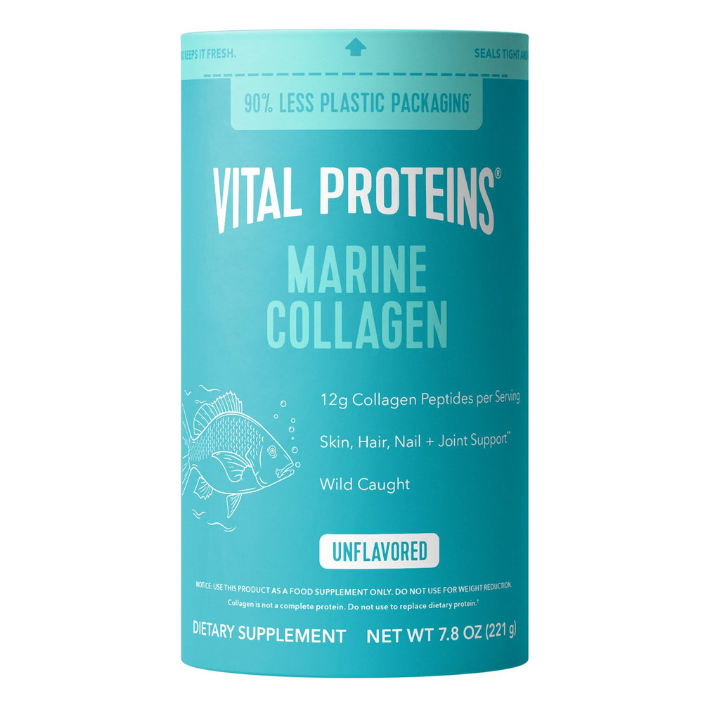 Vital Proteins envase frontal mostrando colágeno marino y beneficios prácticos