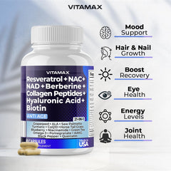 Vitamax ingredientes clave como resveratrol y berberina mostrando potencia antioxidante