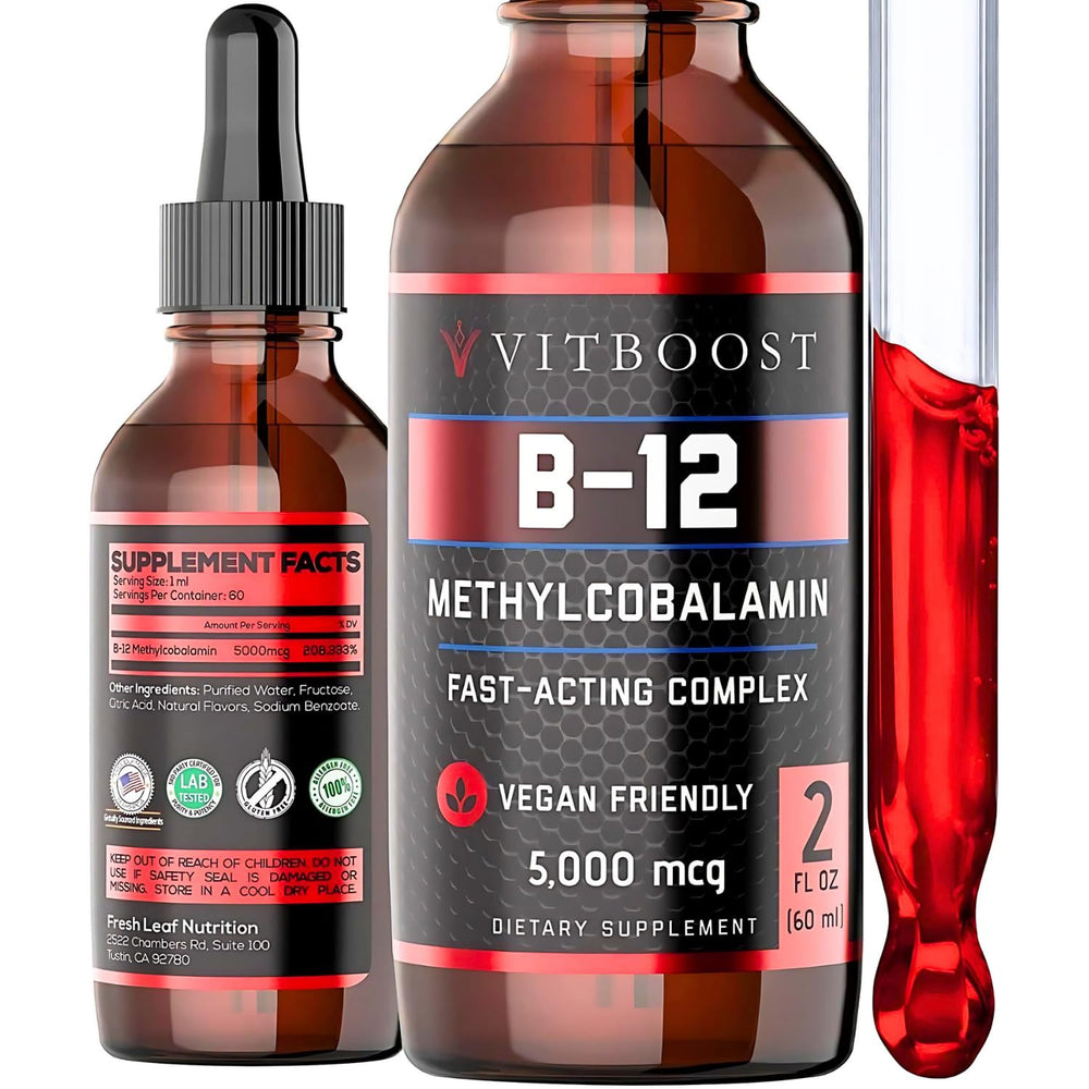 VITBOOST frasco frontal de gotas B12 con etiqueta visible y beneficio de absorción rápida