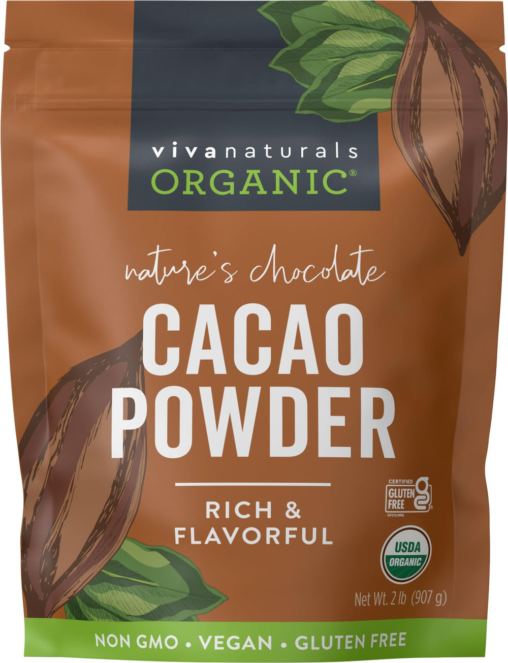 Viva Naturals paquete frontal mostrando cacao orgánico y uso versátil