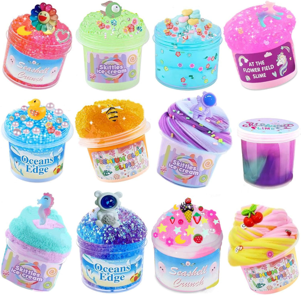 Vomkela envase frontal del kit mostrando 12 slimes y etiquetas claras
