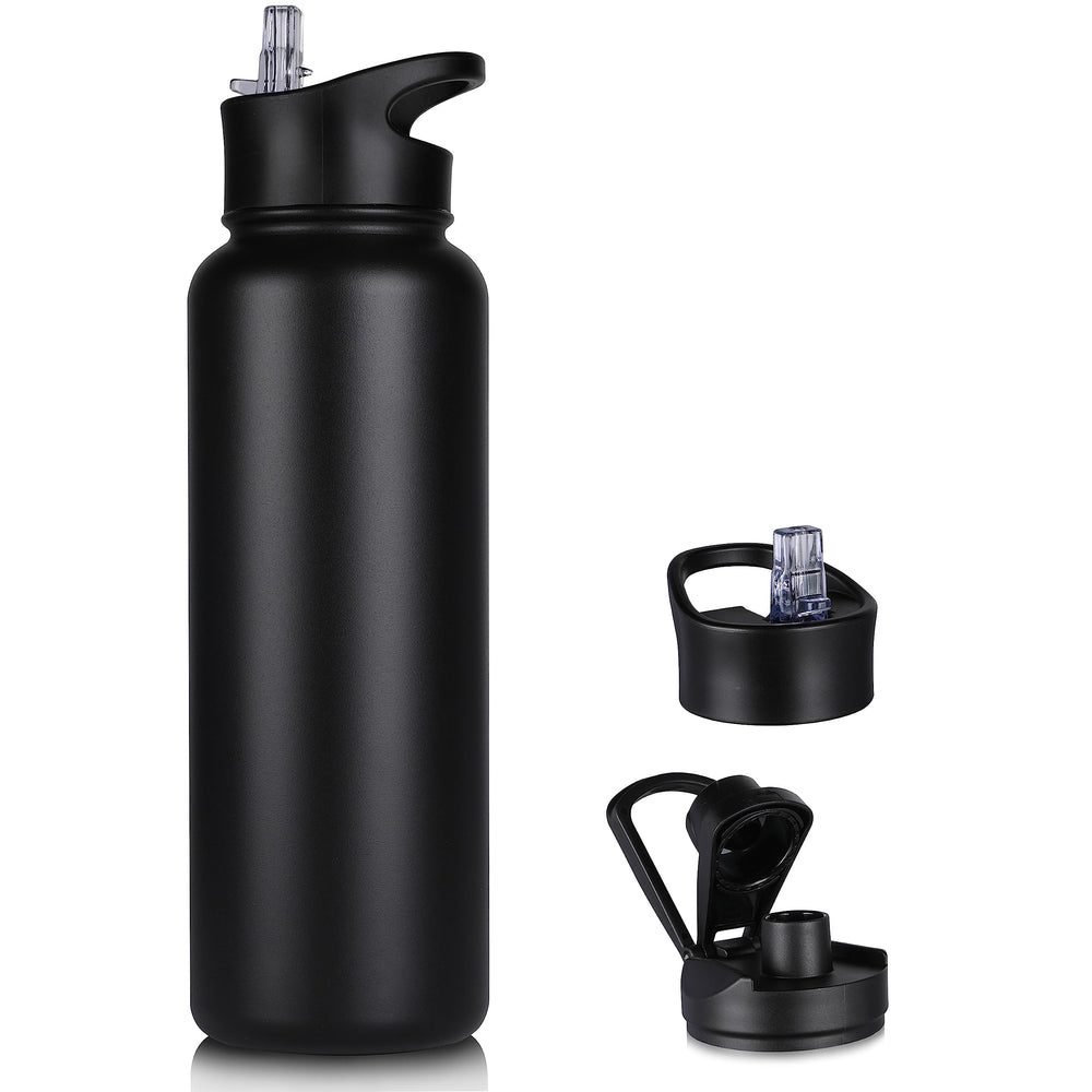 VQRRCKI vista frontal de la botella negra mostrando capacidad 40 oz y diseño resistente