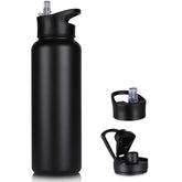 VQRRCKI vista frontal de la botella negra mostrando capacidad 40 oz y diseño resistente