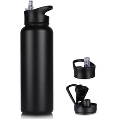 VQRRCKI vista frontal de la botella negra mostrando capacidad 40 oz y diseño resistente