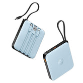 VRURC frontal del power bank azul mostrando diseño compacto y beneficio de portabilidad