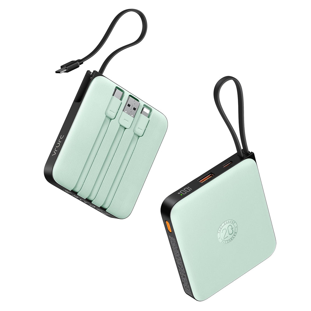 VRURC vista frontal del power bank verde mostrando diseño compacto y portabilidad