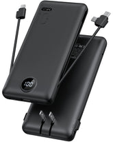 VRURC vista frontal del power bank mostrando puertos y cables integrados, ideal para viajes