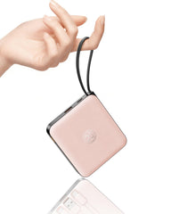 VRURC vista frontal del power bank rosa mostrando diseño compacto y elegante
