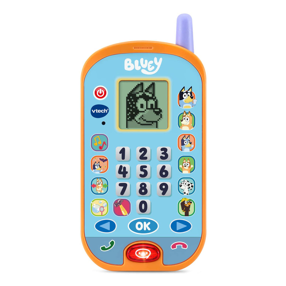 VTech Bluey frontal del teléfono mostrando pantalla y botones para juego interactivo