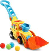 VTech bulldozer frontal amarillo mostrando pala y chimenea, fomenta movimiento