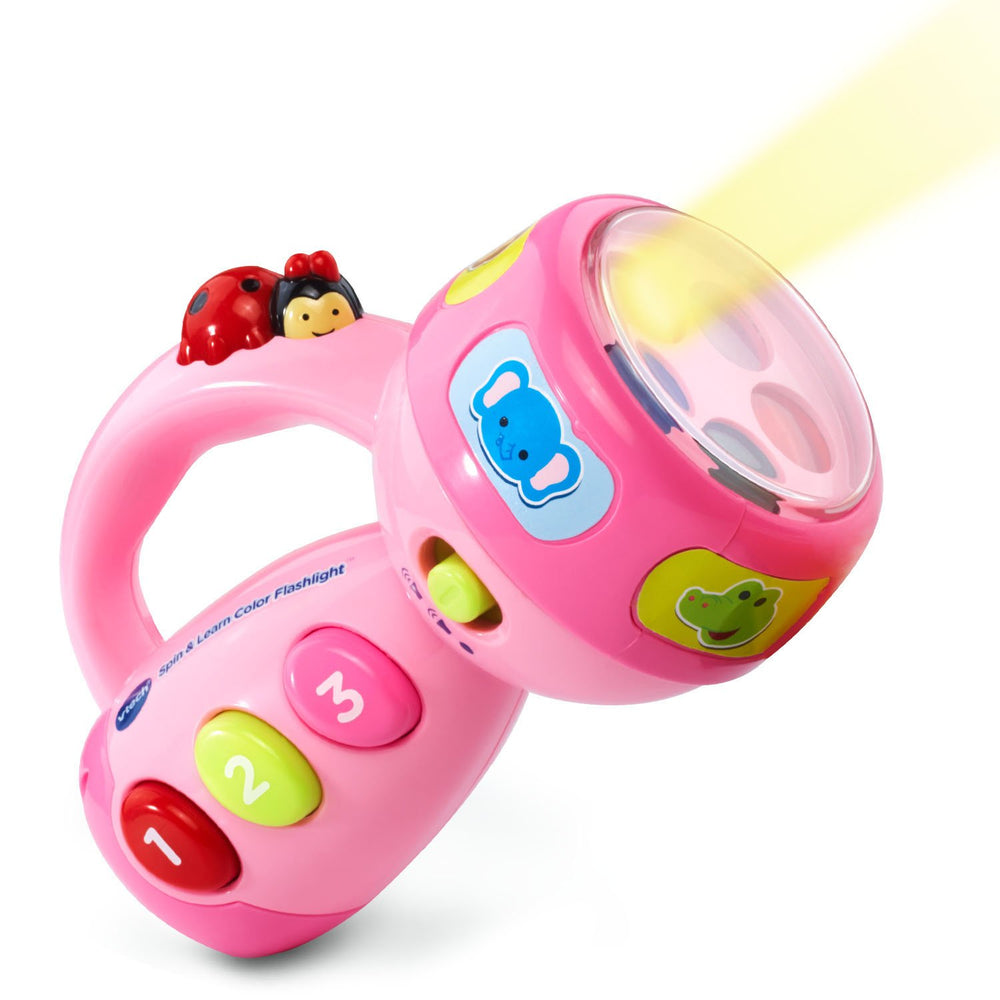 VTech linterna frontal rosa mostrando diseño y botones educativos
