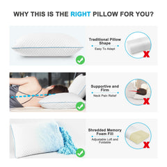 VVZ dos almohadas en cama mostrando soporte ajustable y comodidad