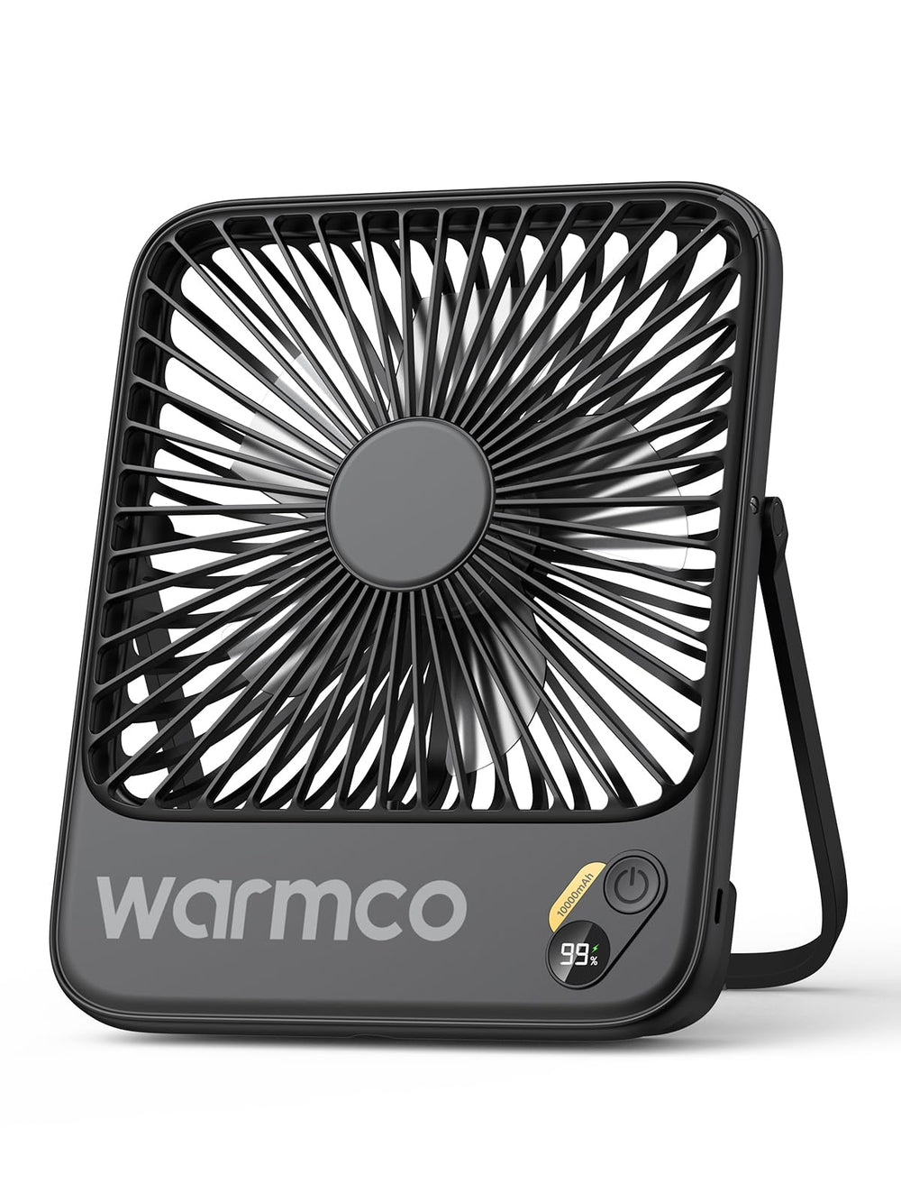Warmco vista frontal del ventilador que muestra diseño compacto y refrigeración portátil