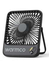 Warmco vista frontal del ventilador que muestra diseño compacto y refrigeración portátil