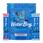 Waterboy pack frontal mostrando 24 sobres y marca para fácil identificación y conveniencia