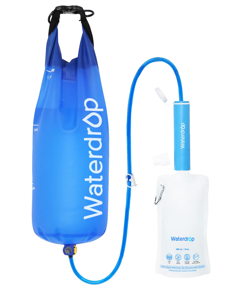 Waterdrop filtro frontal y bolsa mostrando diseño portátil y eficiente