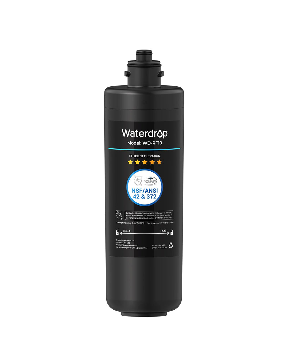 Waterdrop RF10 frente del empaque mostrando el repuesto y compatibilidad