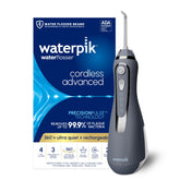Waterpik frontal del irrigador gris mostrando diseño compacto y portabilidad