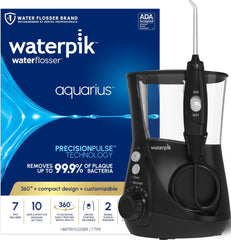 Waterpik Aquarius frontal en negro mostrando diseño compacto y rendimiento