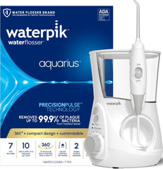 Waterpik Aquarius vista frontal del dispositivo y base, limpieza eficiente