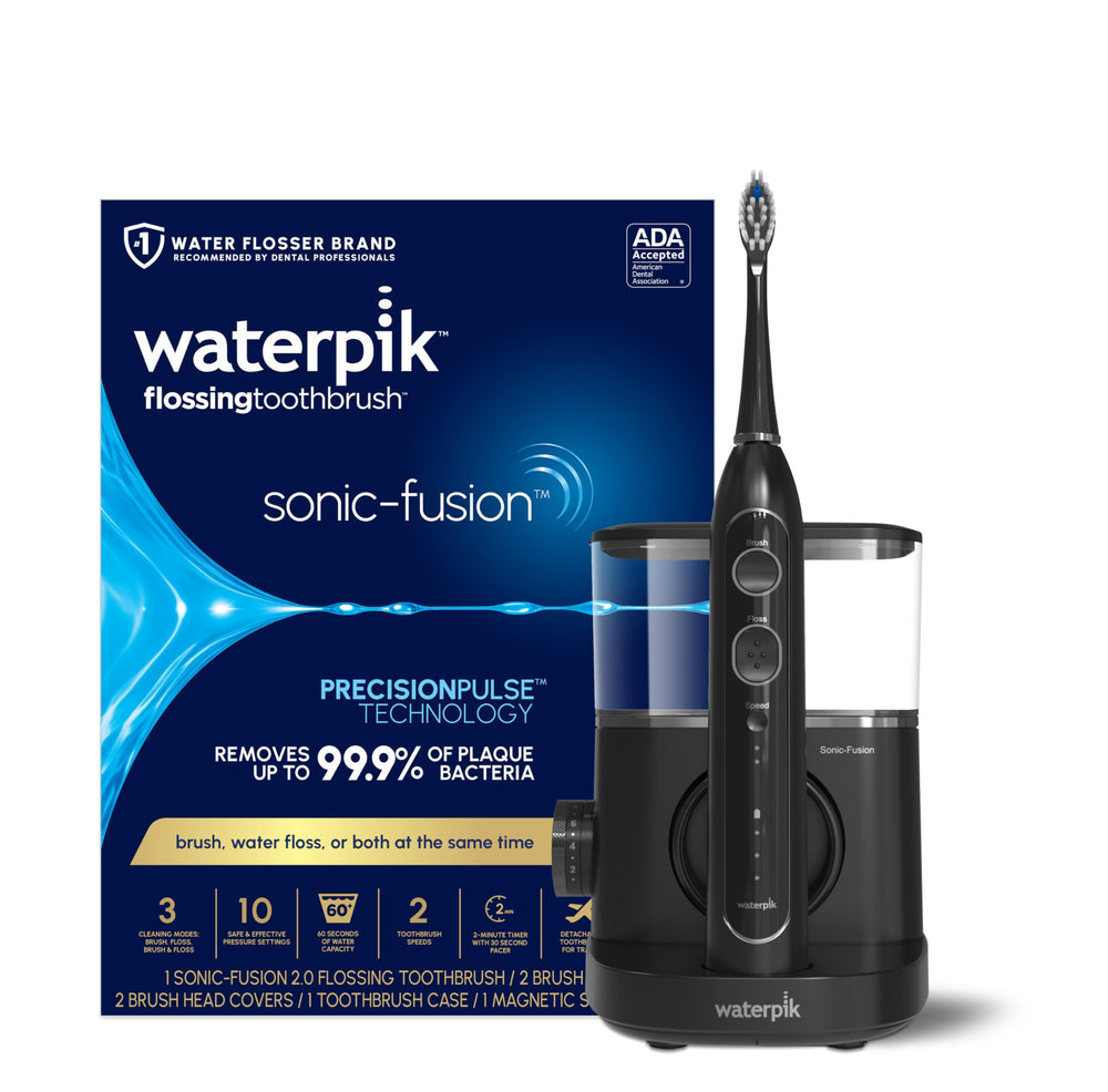 Waterpik vista frontal del dispositivo negro con base, limpieza completa
