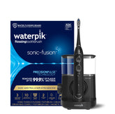 Waterpik vista frontal del dispositivo negro con base, limpieza completa