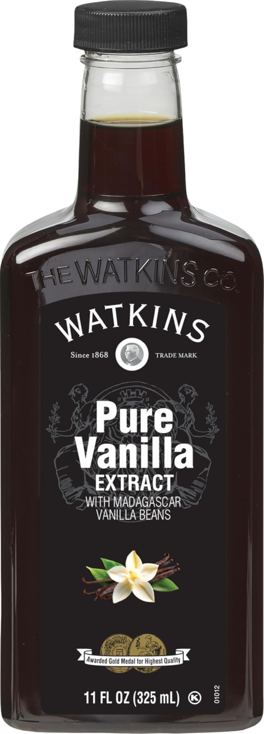 Watkins frasco frontal de 11 oz mostrando etiqueta clara y tamaño práctico