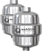 weAQUA filtro de ducha pack frontal mostrando diseño cromado y durabilidad