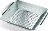 Weber front view of grilling basket showing size and full rim—durable stainless steel benefit